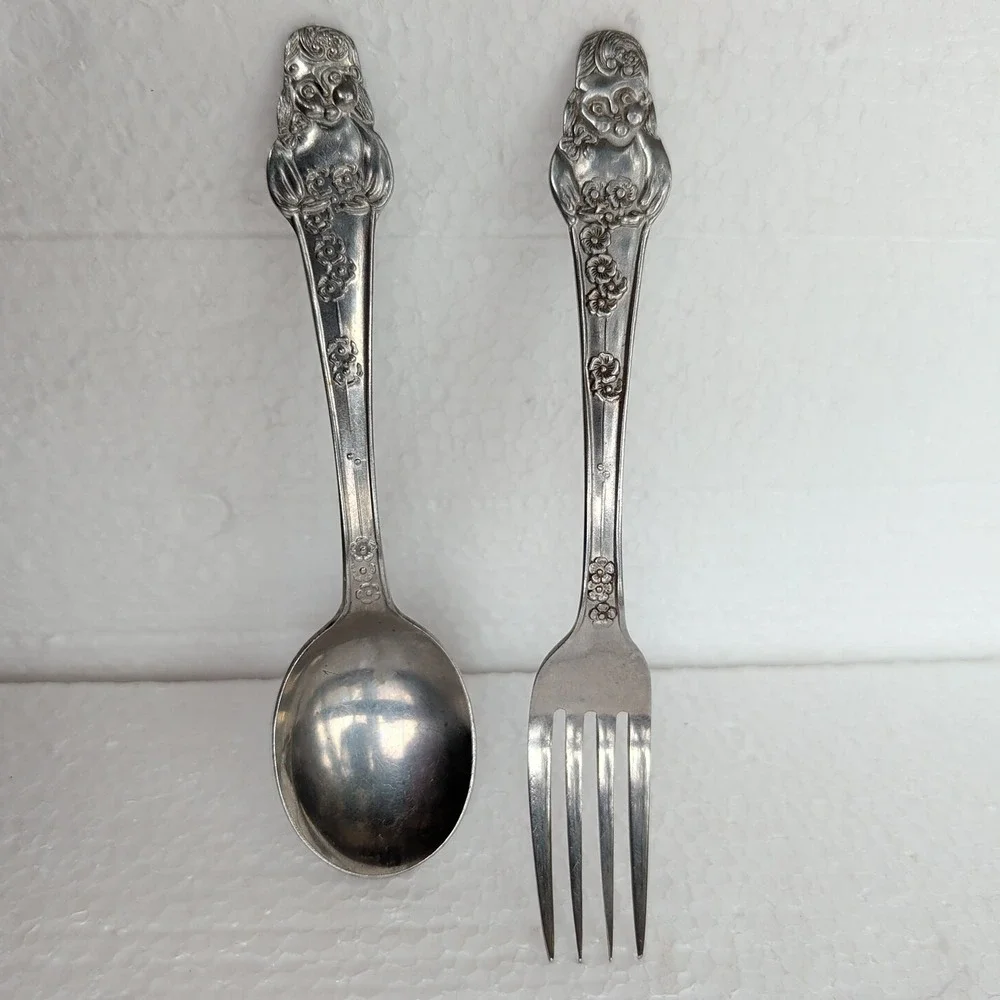 Vintage 1970s Japan Flower Girl Child Fork Spoon Set Youth Flatware Cute MCM - Picture 1 of 6
